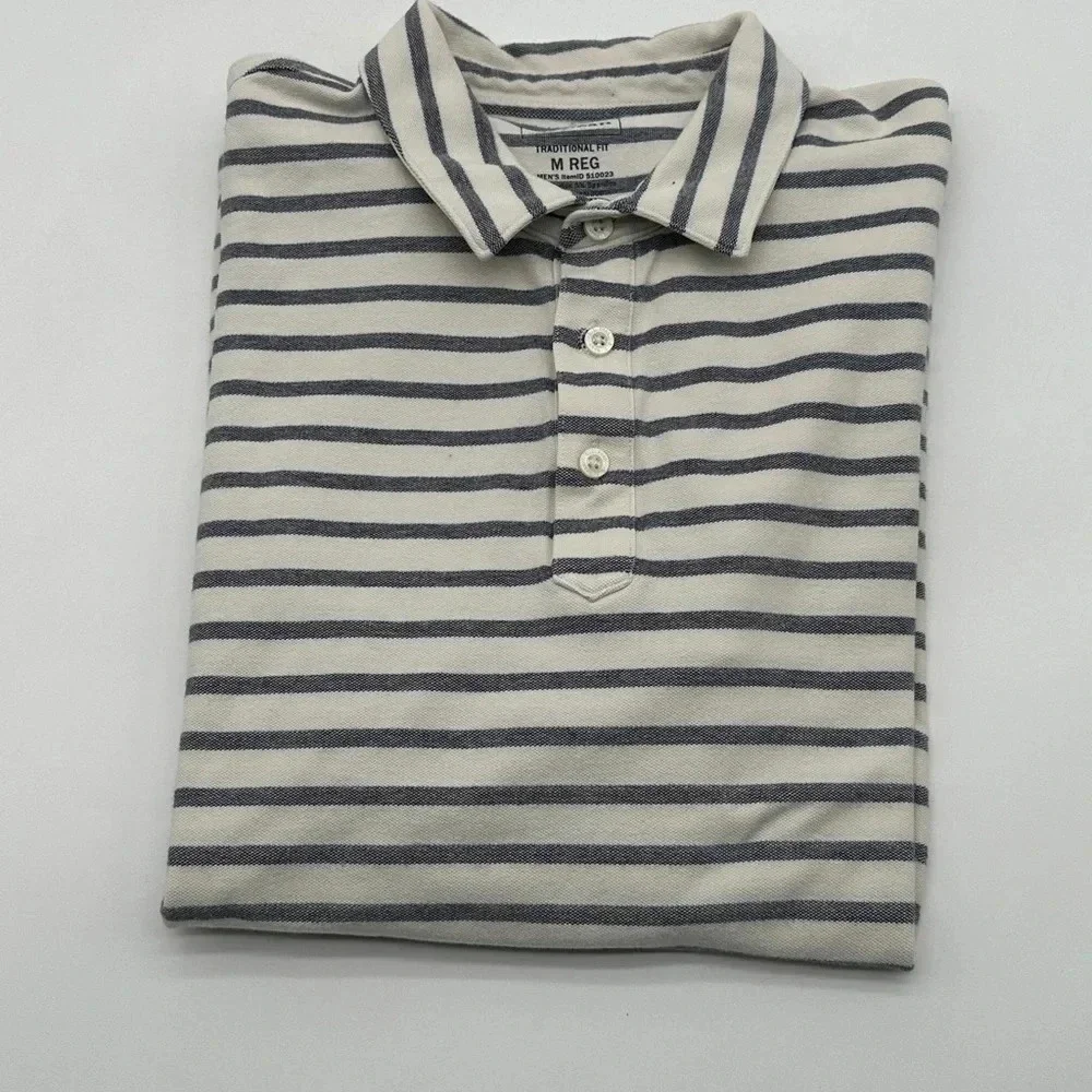 Men's LL Bean Traditional Fit white blue‎ Stripe Polo Medium